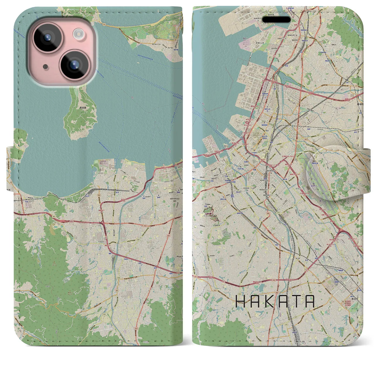 【博多（福岡県）】地図柄iPhoneケース（手帳タイプ）ナチュラル・iPhone 15 Plus 用