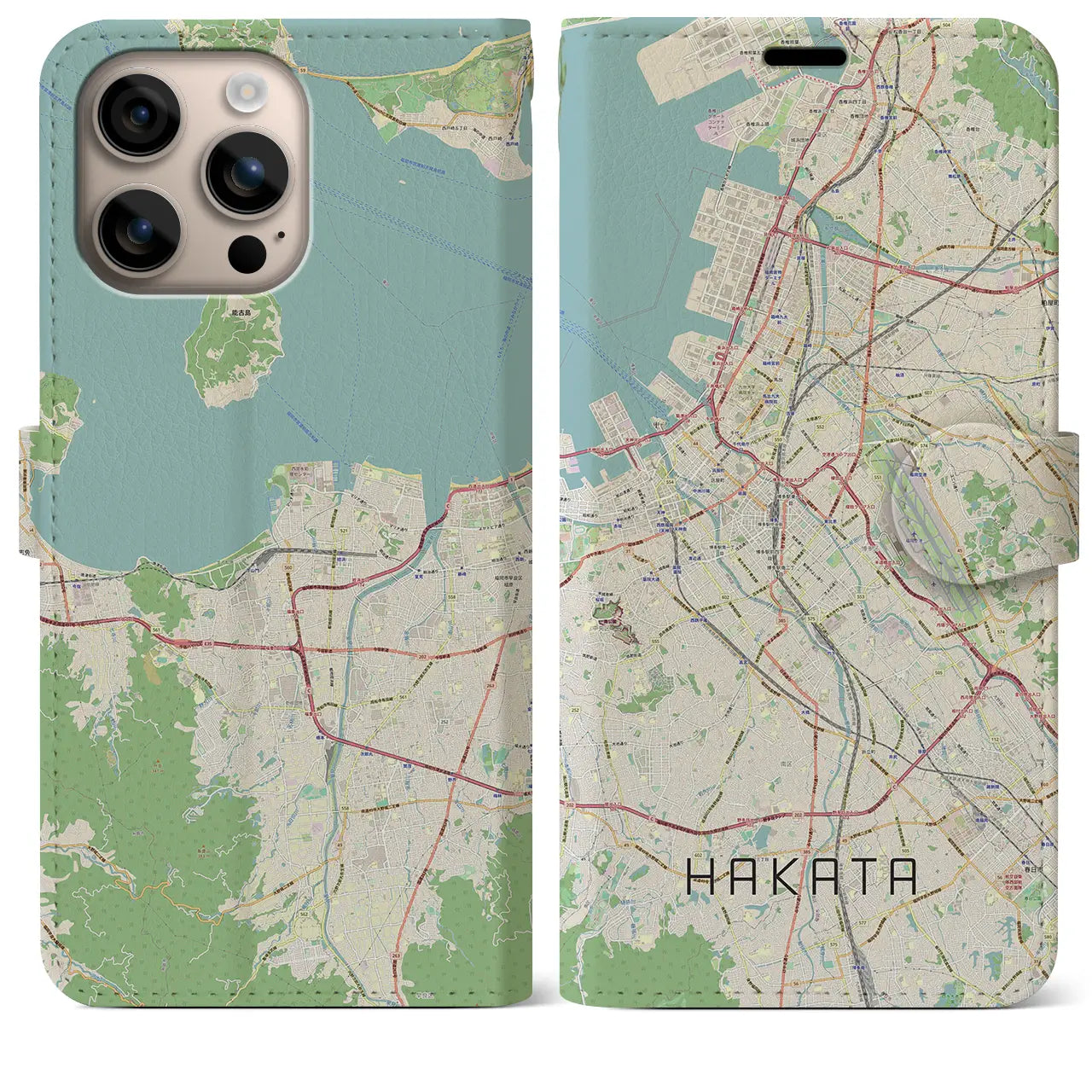 【博多（福岡県）】地図柄iPhoneケース（手帳タイプ）ナチュラル・iPhone 16 Plus 用