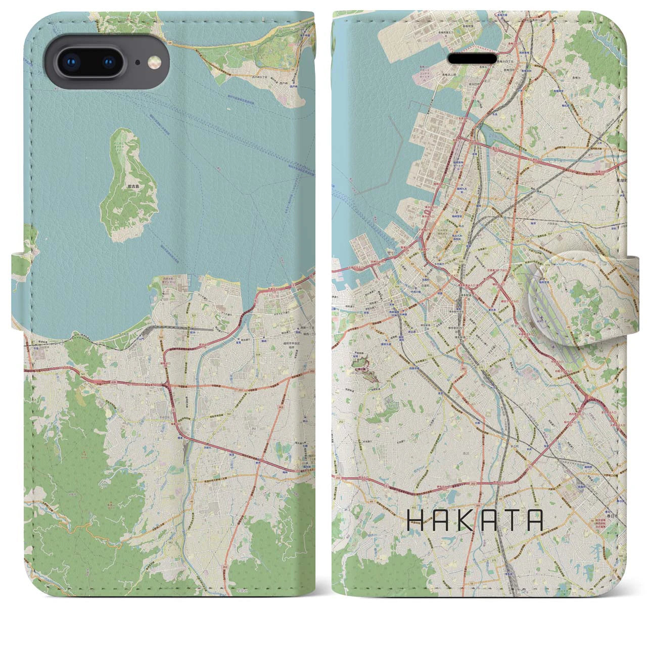 【博多（福岡県）】地図柄iPhoneケース（手帳タイプ）ナチュラル・iPhone 8Plus /7Plus / 6sPlus / 6Plus 用