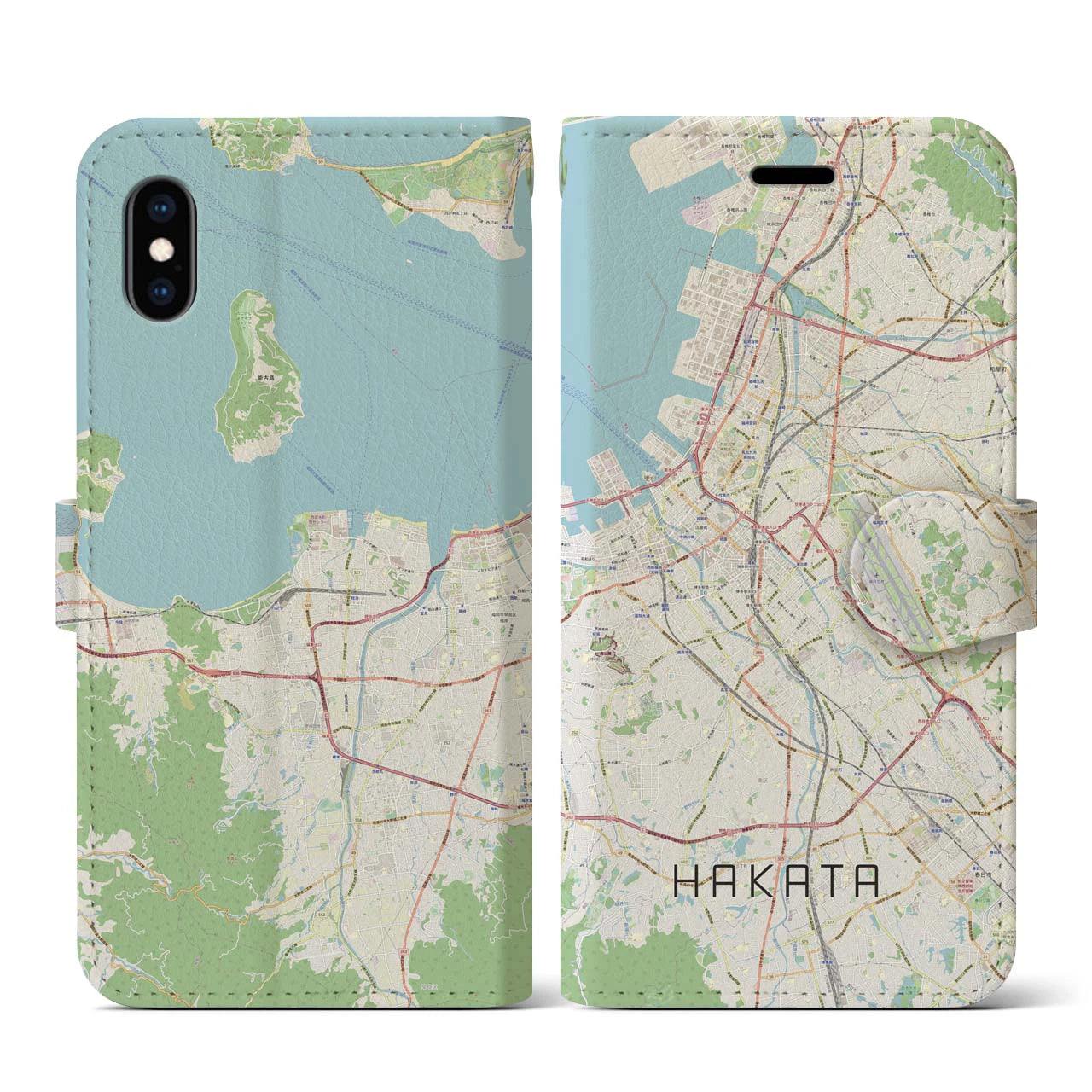 【博多（福岡県）】地図柄iPhoneケース（手帳タイプ）ナチュラル・iPhone XS / X 用