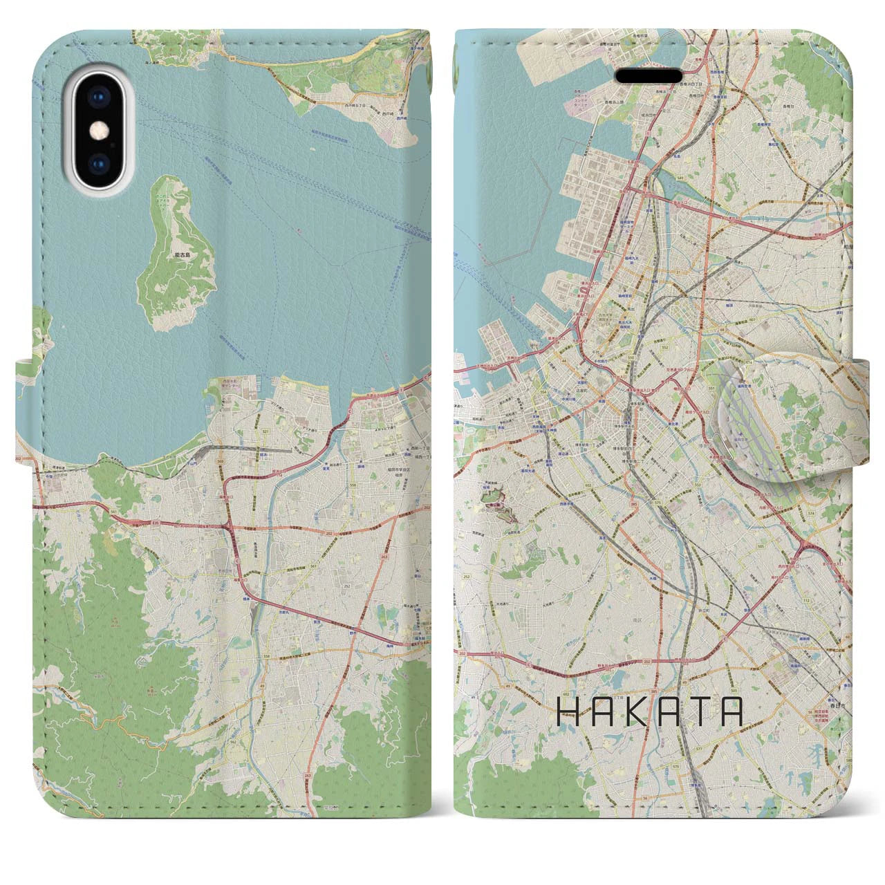 【博多（福岡県）】地図柄iPhoneケース（手帳タイプ）ナチュラル・iPhone XS Max 用