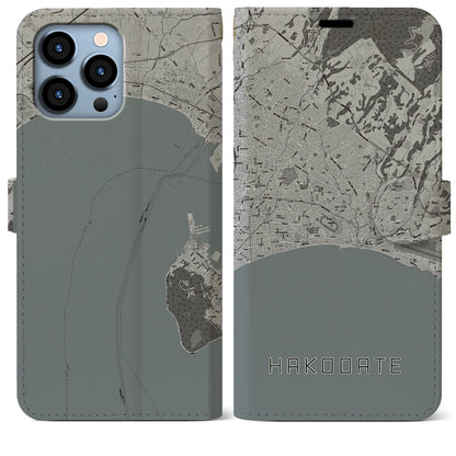 【函館2（北海道）】地図柄iPhoneケース（手帳タイプ）モノトーン・iPhone 13 Pro Max 用