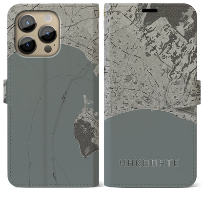 【函館2（北海道）】地図柄iPhoneケース（手帳タイプ）モノトーン・iPhone 14 Pro Max 用