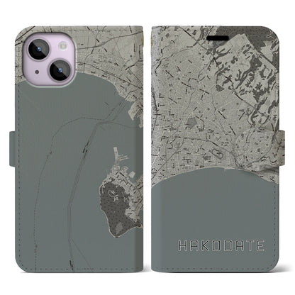 【函館2（北海道）】地図柄iPhoneケース（手帳タイプ）モノトーン・iPhone 14 用