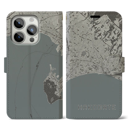 【函館2（北海道）】地図柄iPhoneケース（手帳タイプ）モノトーン・iPhone 15 Pro 用