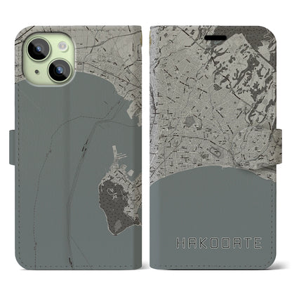 【函館2（北海道）】地図柄iPhoneケース（手帳タイプ）モノトーン・iPhone 15 用