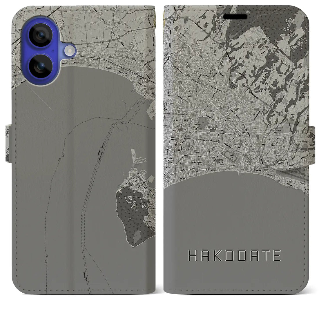 【函館2(北海道)】地図柄iPhoneケース(手帳タイプ)モノトーン・iPhone 16 Pro Max 用