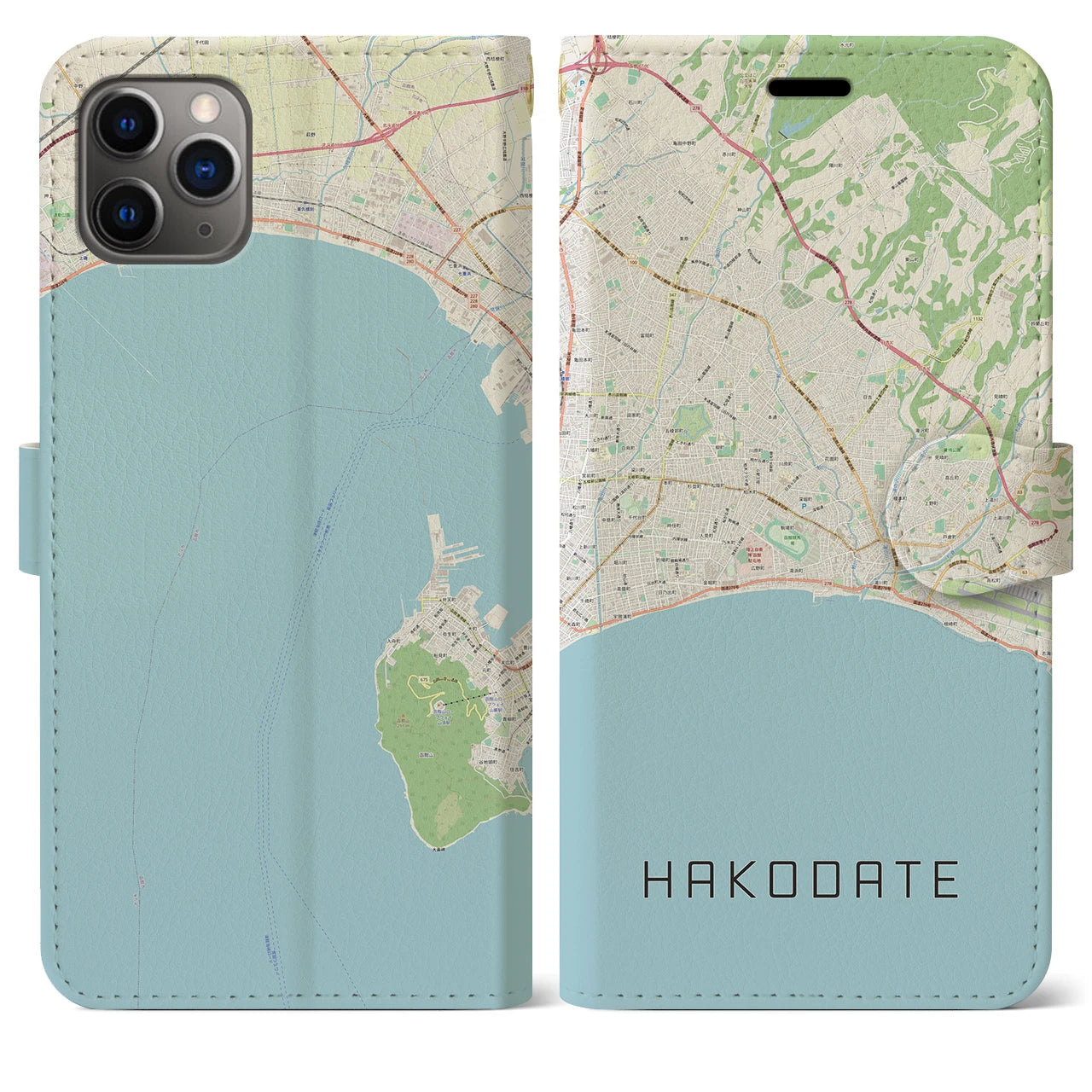 【函館2（北海道）】地図柄iPhoneケース（手帳タイプ）ナチュラル・iPhone 11 Pro Max 用