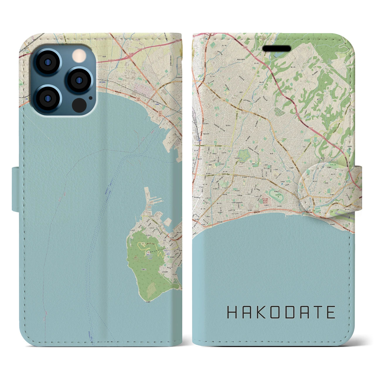 【函館2（北海道）】地図柄iPhoneケース（手帳タイプ）ナチュラル・iPhone 12 / 12 Pro 用