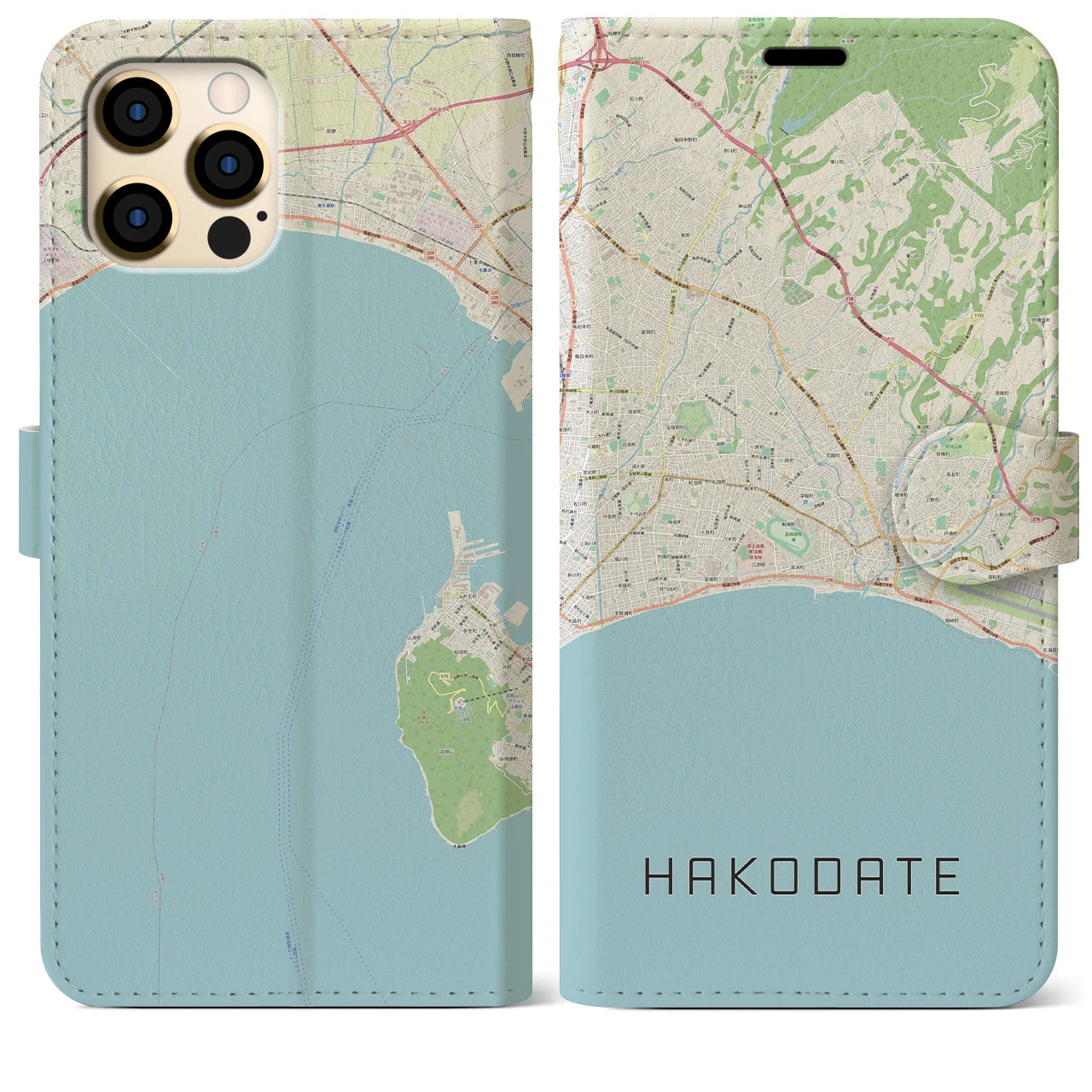 【函館2（北海道）】地図柄iPhoneケース（手帳タイプ）ナチュラル・iPhone 12 Pro Max 用