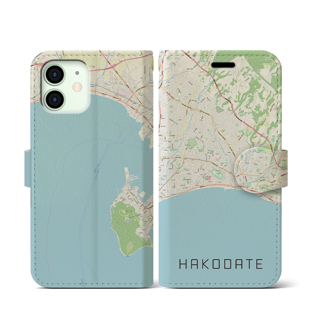 【函館2（北海道）】地図柄iPhoneケース（手帳タイプ）ナチュラル・iPhone 12 mini 用