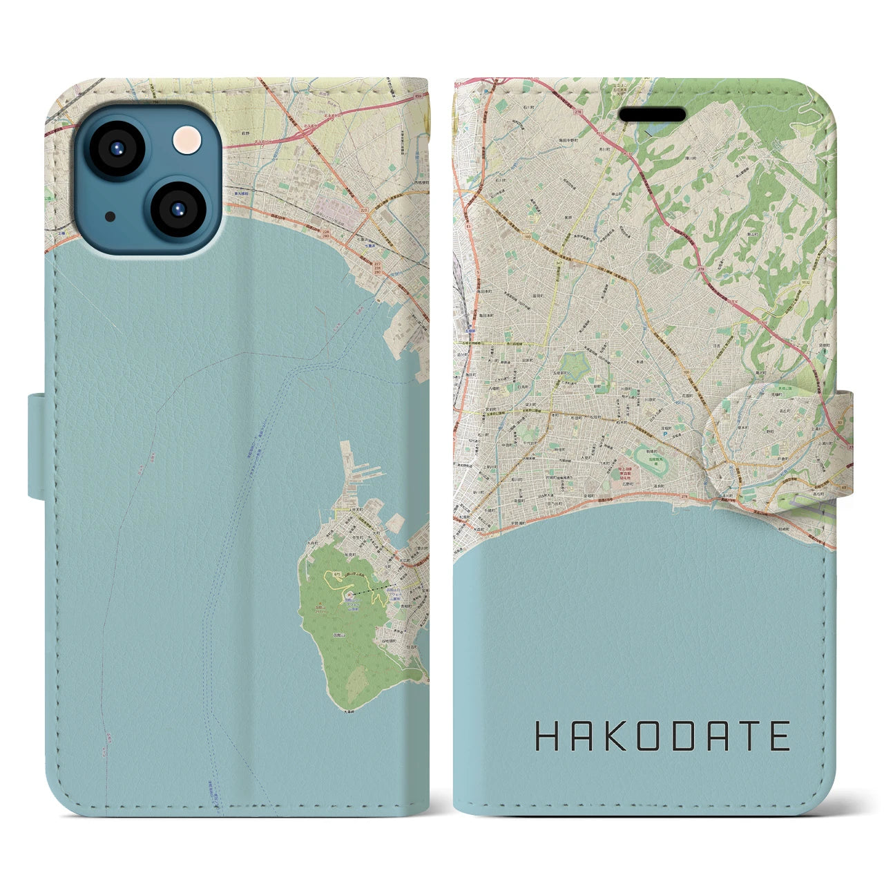 【函館2（北海道）】地図柄iPhoneケース（手帳タイプ）ナチュラル・iPhone 13 用