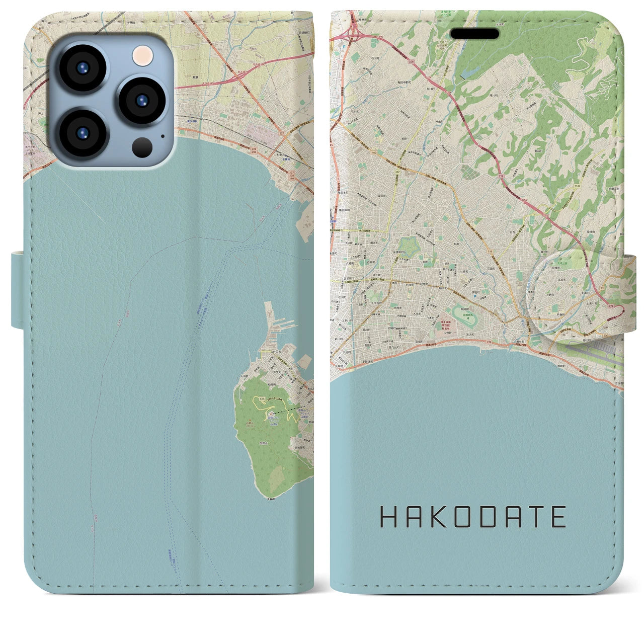 【函館2（北海道）】地図柄iPhoneケース（手帳タイプ）ナチュラル・iPhone 13 Pro Max 用