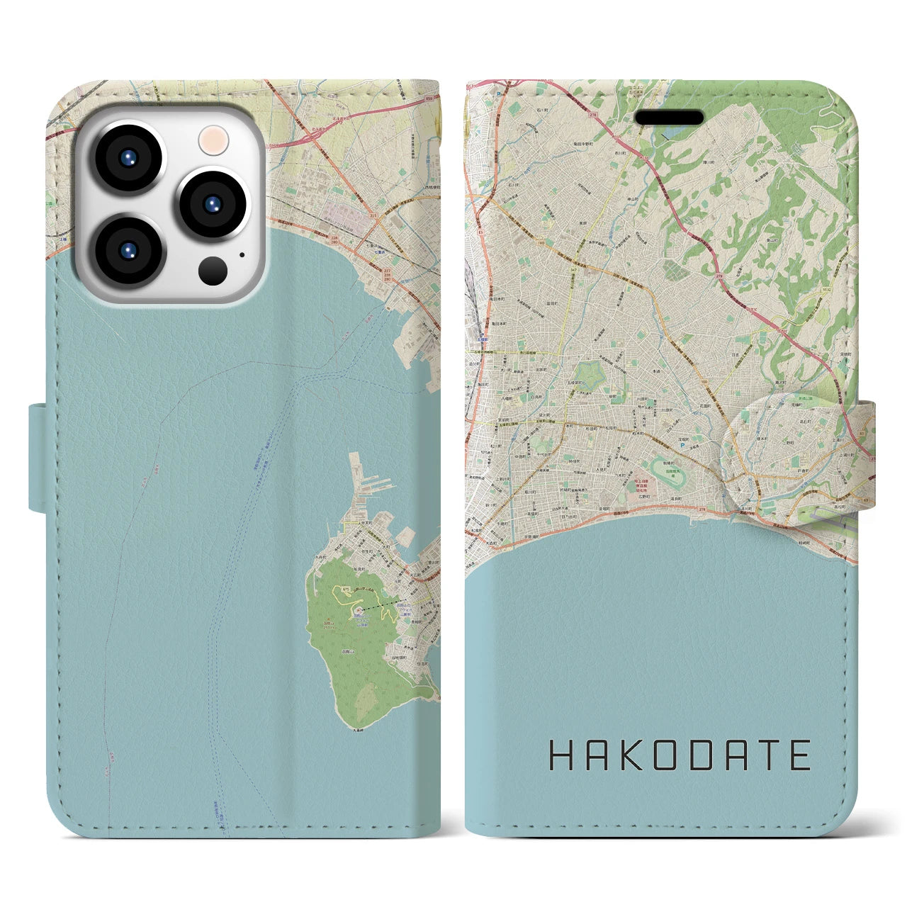 【函館2（北海道）】地図柄iPhoneケース（手帳タイプ）ナチュラル・iPhone 13 Pro 用