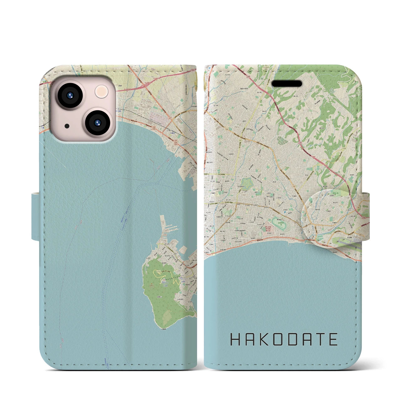 【函館2（北海道）】地図柄iPhoneケース（手帳タイプ）ナチュラル・iPhone 13 mini 用