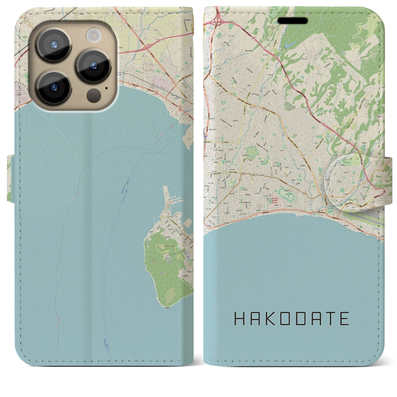 【函館2（北海道）】地図柄iPhoneケース（手帳タイプ）ナチュラル・iPhone 14 Pro Max 用