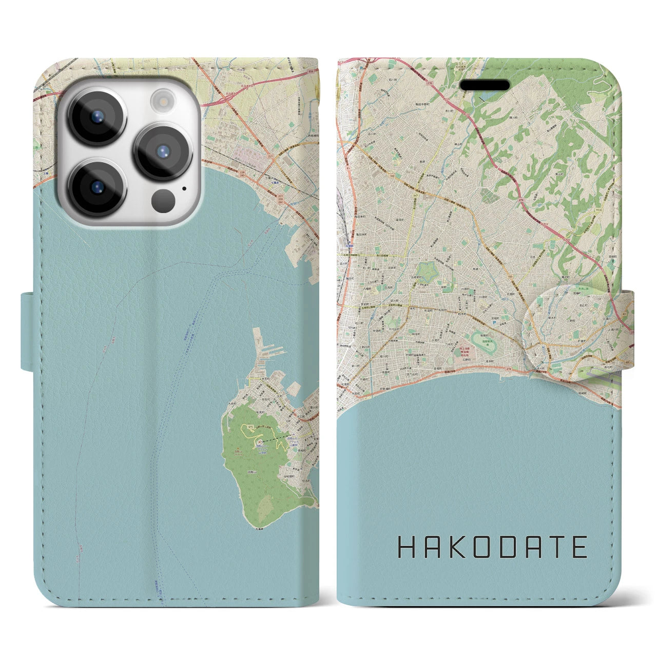 【函館2（北海道）】地図柄iPhoneケース（手帳タイプ）ナチュラル・iPhone 14 Pro 用