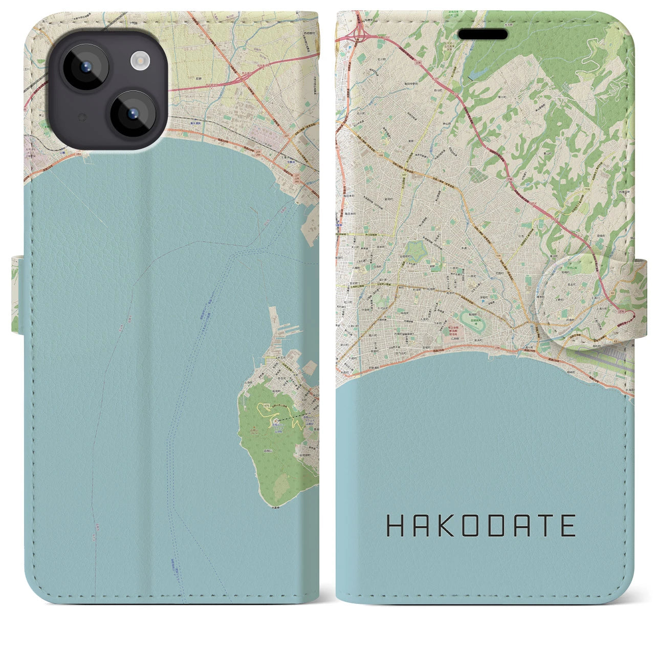 【函館2（北海道）】地図柄iPhoneケース（手帳タイプ）ナチュラル・iPhone 14 Plus 用