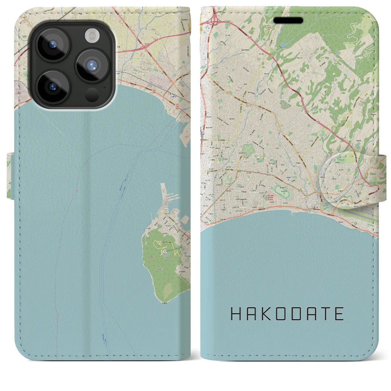 【函館2（北海道）】地図柄iPhoneケース（手帳タイプ）ナチュラル・iPhone 15 Pro Max 用