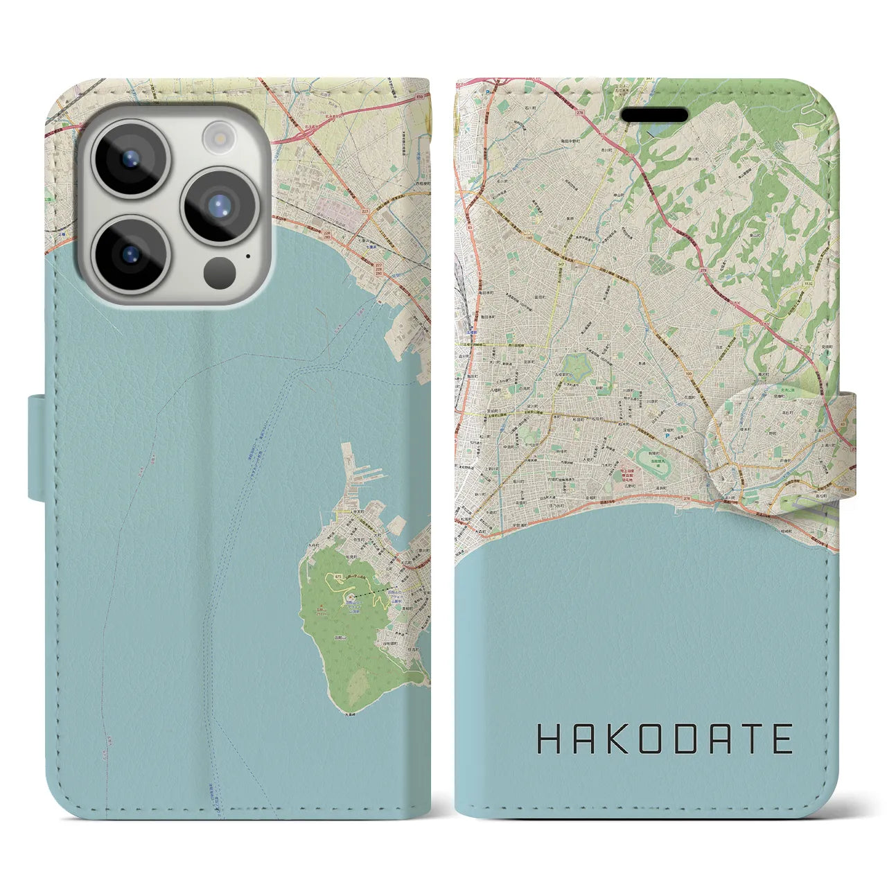 【函館2（北海道）】地図柄iPhoneケース（手帳タイプ）ナチュラル・iPhone 15 Pro 用