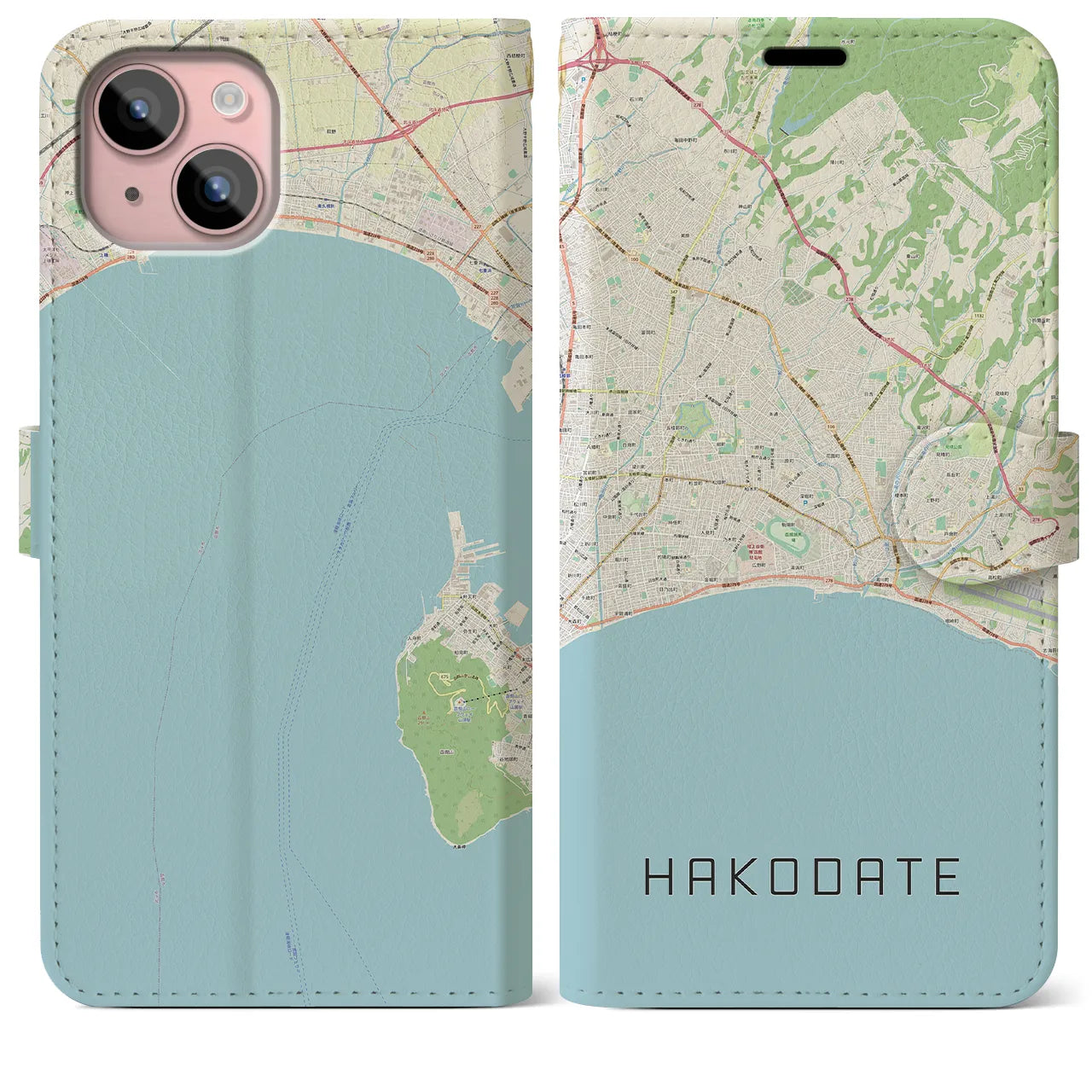 【函館2（北海道）】地図柄iPhoneケース（手帳タイプ）ナチュラル・iPhone 15 Plus 用