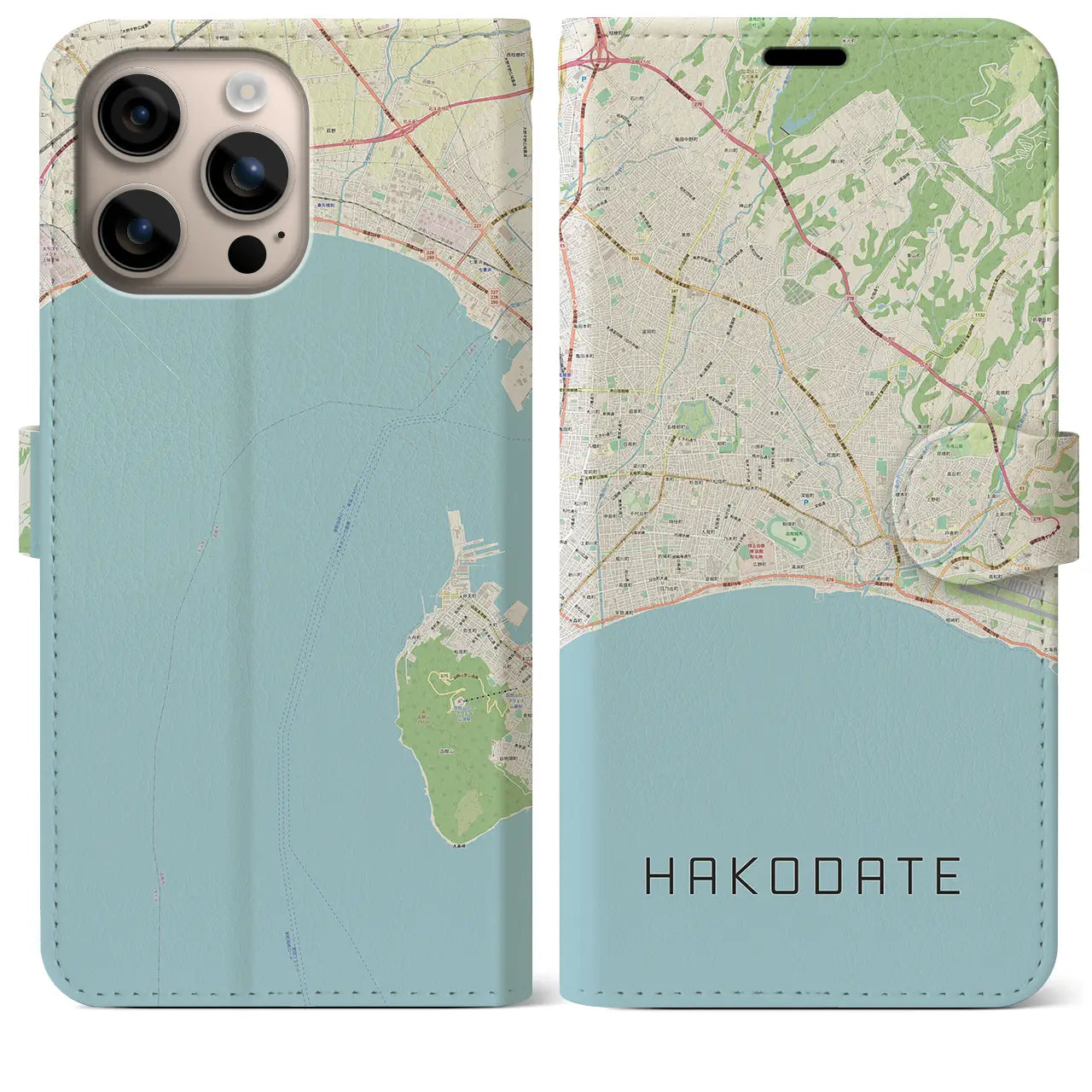 【函館2（北海道）】地図柄iPhoneケース（手帳タイプ）ナチュラル・iPhone 16 Plus 用