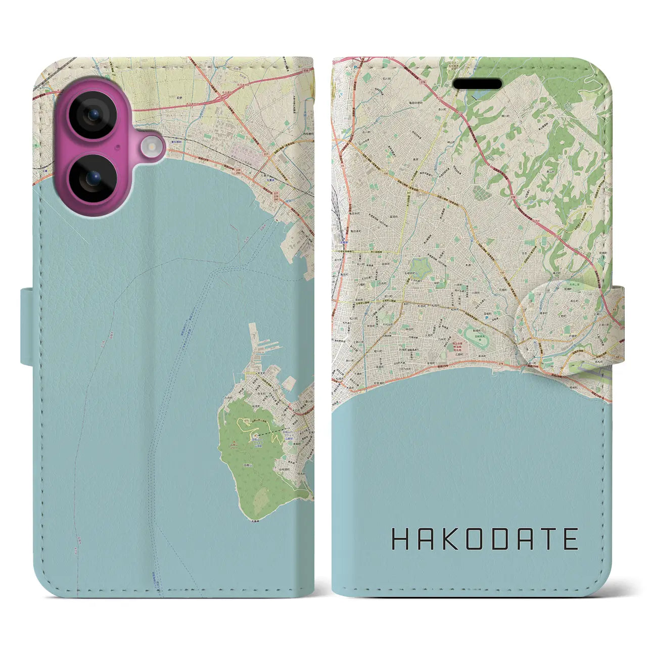 【函館2（北海道）】地図柄iPhoneケース（手帳タイプ）ナチュラル・iPhone 16 Pro 用