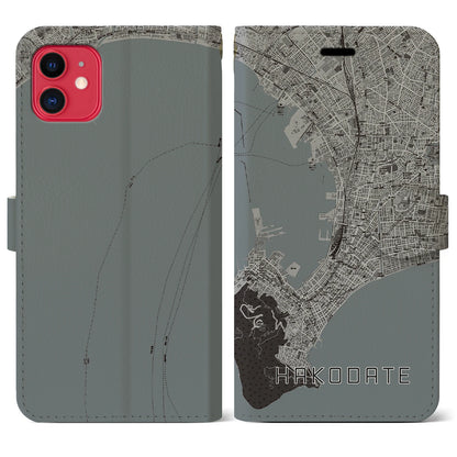 【函館（北海道）】地図柄iPhoneケース（手帳タイプ）モノトーン・iPhone 11 用