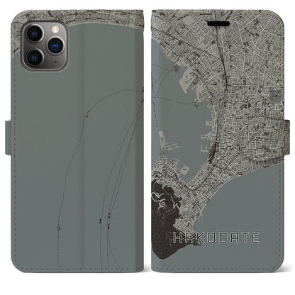 【函館（北海道）】地図柄iPhoneケース（手帳タイプ）モノトーン・iPhone 11 Pro Max 用