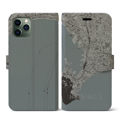 【函館（北海道）】地図柄iPhoneケース（手帳タイプ）モノトーン・iPhone 11 Pro 用