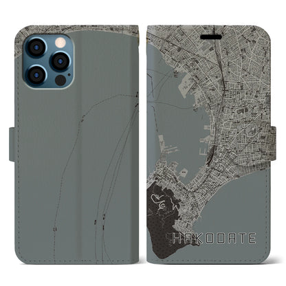 【函館（北海道）】地図柄iPhoneケース（手帳タイプ）モノトーン・iPhone 12 / 12 Pro 用