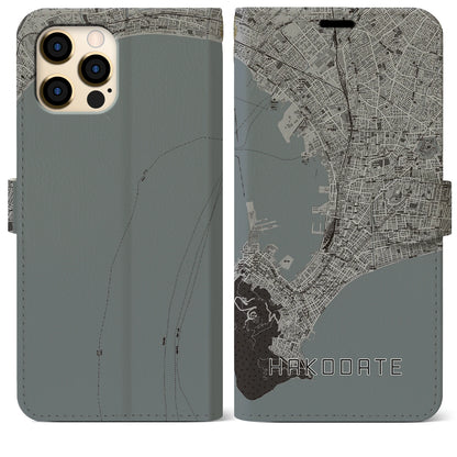 【函館（北海道）】地図柄iPhoneケース（手帳タイプ）モノトーン・iPhone 12 Pro Max 用