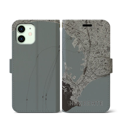 【函館（北海道）】地図柄iPhoneケース（手帳タイプ）モノトーン・iPhone 12 mini 用