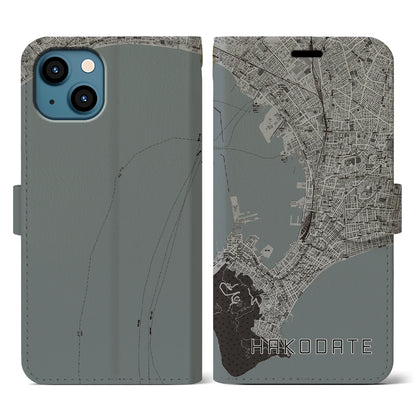 【函館（北海道）】地図柄iPhoneケース（手帳タイプ）モノトーン・iPhone 13 用