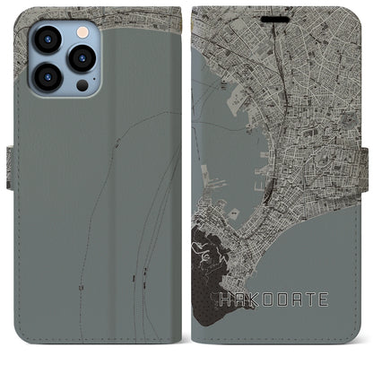 【函館（北海道）】地図柄iPhoneケース（手帳タイプ）モノトーン・iPhone 13 Pro Max 用