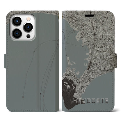 【函館（北海道）】地図柄iPhoneケース（手帳タイプ）モノトーン・iPhone 13 Pro 用