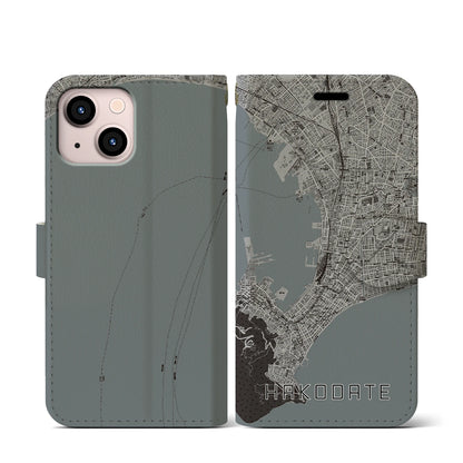 【函館（北海道）】地図柄iPhoneケース（手帳タイプ）モノトーン・iPhone 13 mini 用