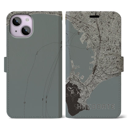 【函館（北海道）】地図柄iPhoneケース（手帳タイプ）モノトーン・iPhone 14 用