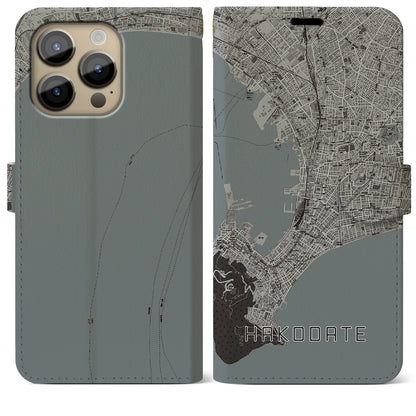 【函館（北海道）】地図柄iPhoneケース（手帳タイプ）モノトーン・iPhone 14 Pro Max 用