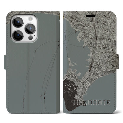 【函館（北海道）】地図柄iPhoneケース（手帳タイプ）モノトーン・iPhone 14 Pro 用