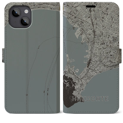 【函館（北海道）】地図柄iPhoneケース（手帳タイプ）モノトーン・iPhone 14 Plus 用