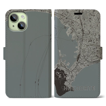 【函館（北海道）】地図柄iPhoneケース（手帳タイプ）モノトーン・iPhone 15 用