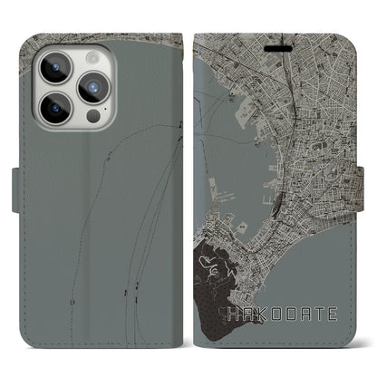 【函館（北海道）】地図柄iPhoneケース（手帳タイプ）モノトーン・iPhone 15 Pro 用