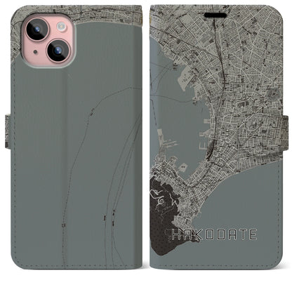 【函館（北海道）】地図柄iPhoneケース（手帳タイプ）モノトーン・iPhone 15 Plus 用