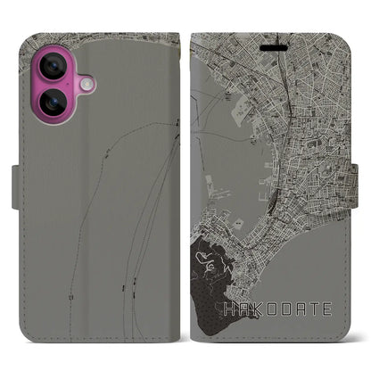 【函館（北海道）】地図柄iPhoneケース（手帳タイプ）モノトーン・iPhone 16 Pro 用