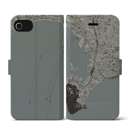 【函館（北海道）】地図柄iPhoneケース（手帳タイプ）モノトーン・iPhone SE（第3 / 第2世代） / 8 / 7 / 6s / 6 用