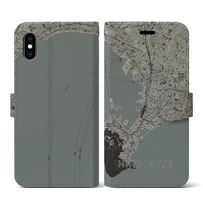 【函館（北海道）】地図柄iPhoneケース（手帳タイプ）モノトーン・iPhone XS / X 用