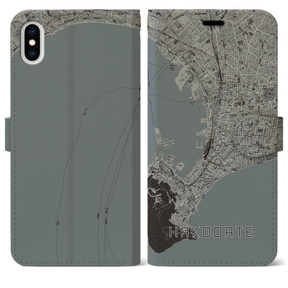 【函館（北海道）】地図柄iPhoneケース（手帳タイプ）モノトーン・iPhone XS Max 用