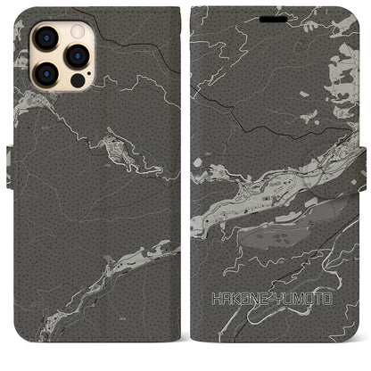 【箱根湯本（神奈川県）】地図柄iPhoneケース（手帳タイプ）モノトーン・iPhone 12 Pro Max 用