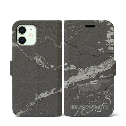 【箱根湯本（神奈川県）】地図柄iPhoneケース（手帳タイプ）モノトーン・iPhone 12 mini 用